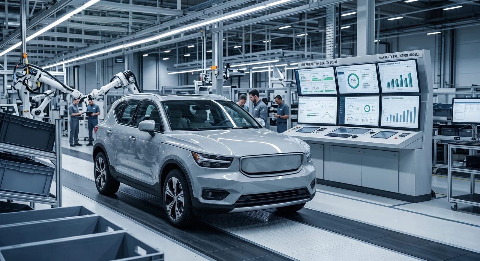 Vehicle on an assembly line beside a wall of production quality and warranty prediction dashboards